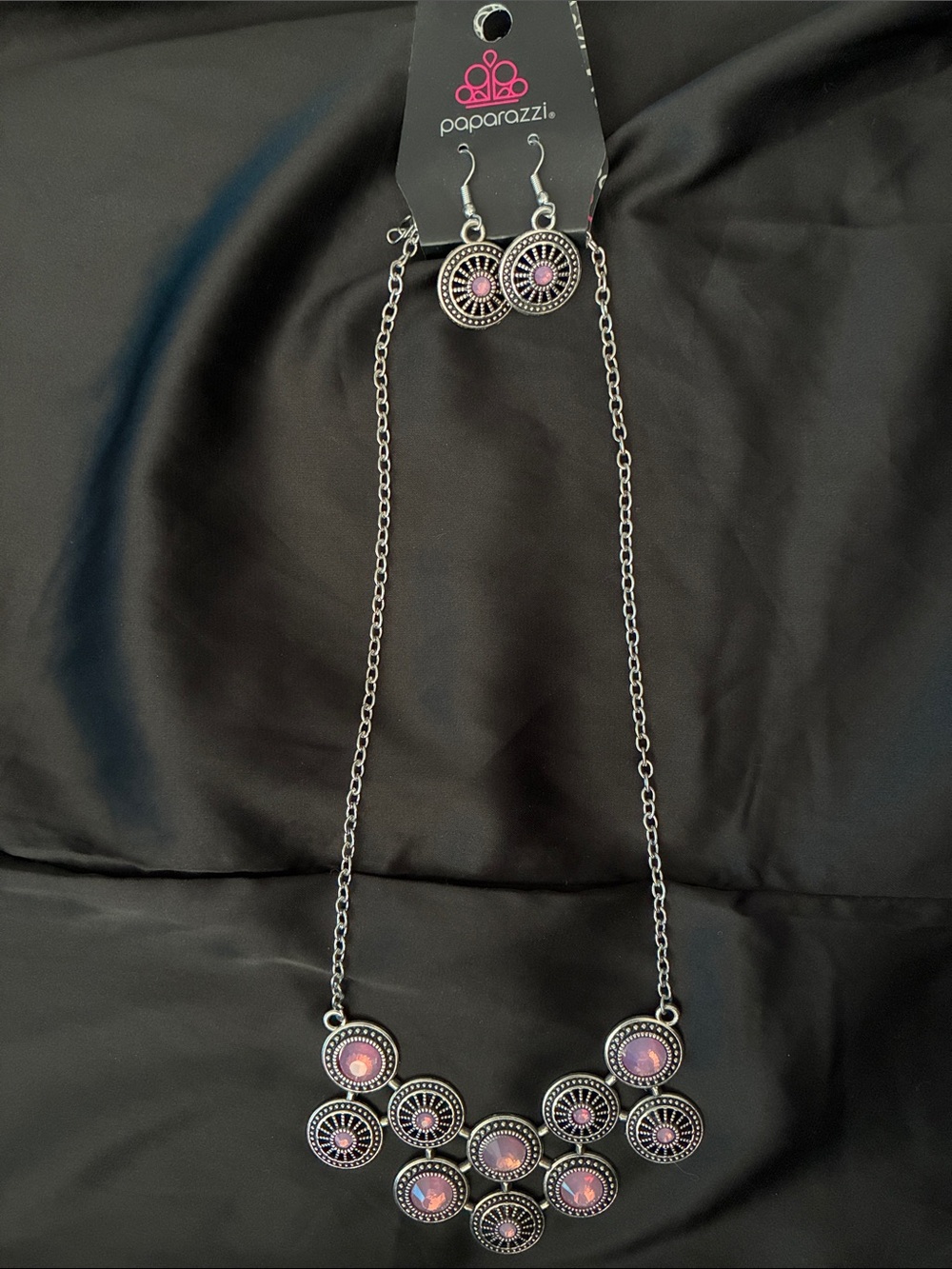 paparazzi Silver Necklace and Earring Set with Pink Accents